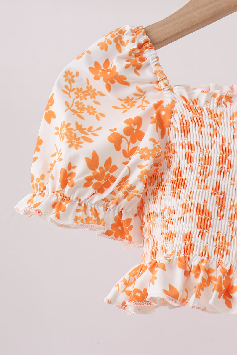 Orange Floral Smocked 2PC Ruffle Swimsuit - Fierce and Chic