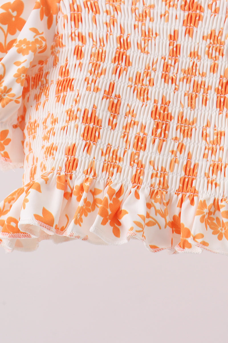 Orange Floral Smocked 2PC Ruffle Swimsuit - Fierce and Chic