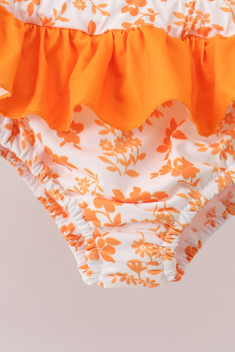 Orange Floral Smocked 2PC Ruffle Swimsuit - Fierce and Chic