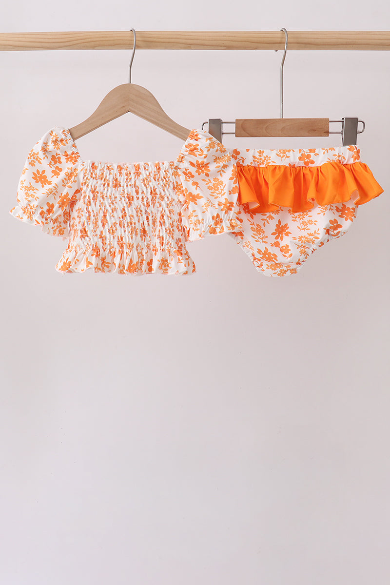 Orange Floral Smocked 2PC Ruffle Swimsuit - Fierce and Chic