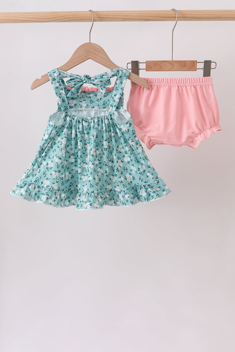 Green Floral Smocked Ruffle Bloomer Set - Fierce and Chic