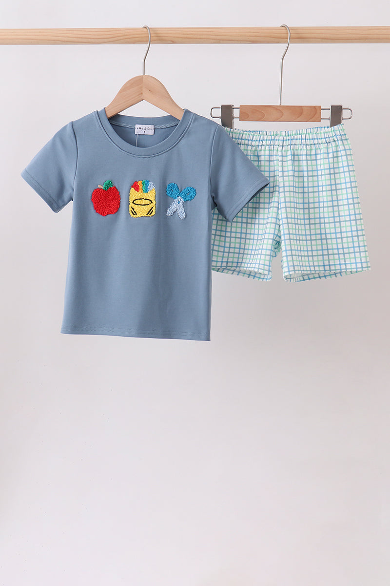 Blue Apple Crayon French Knot Plaid Shorts Set - Fierce and Chic