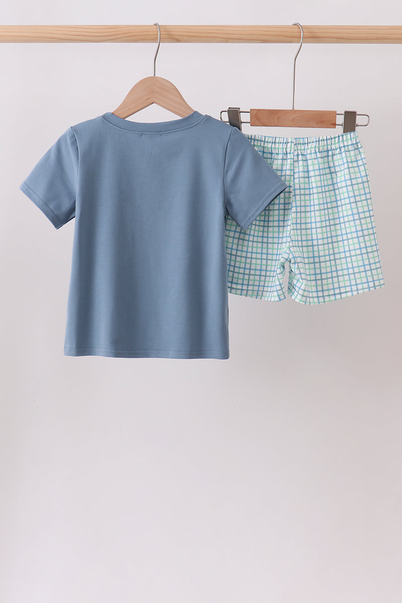 Blue Apple Crayon French Knot Plaid Shorts Set - Fierce and Chic