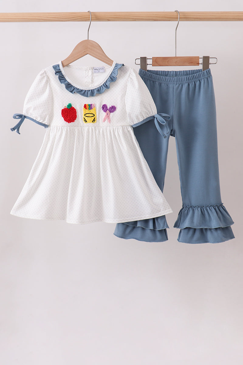 Blue Apple Crayon French Knot Ruffle Pants Set - Fierce and Chic