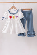 Blue Apple Crayon French Knot Ruffle Pants Set - Fierce and Chic