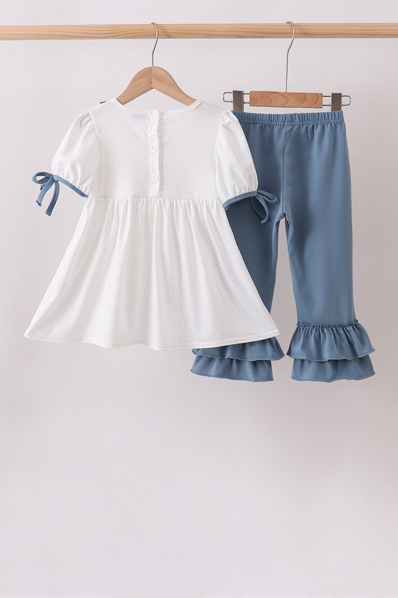 Blue Apple Crayon French Knot Ruffle Pants Set - Fierce and Chic