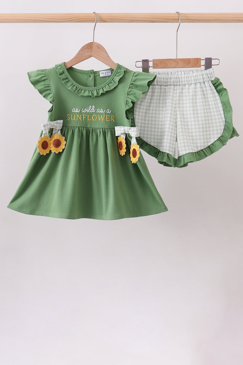Green Sunflower Applique Ruffle Shorts Set - Fierce and Chic
