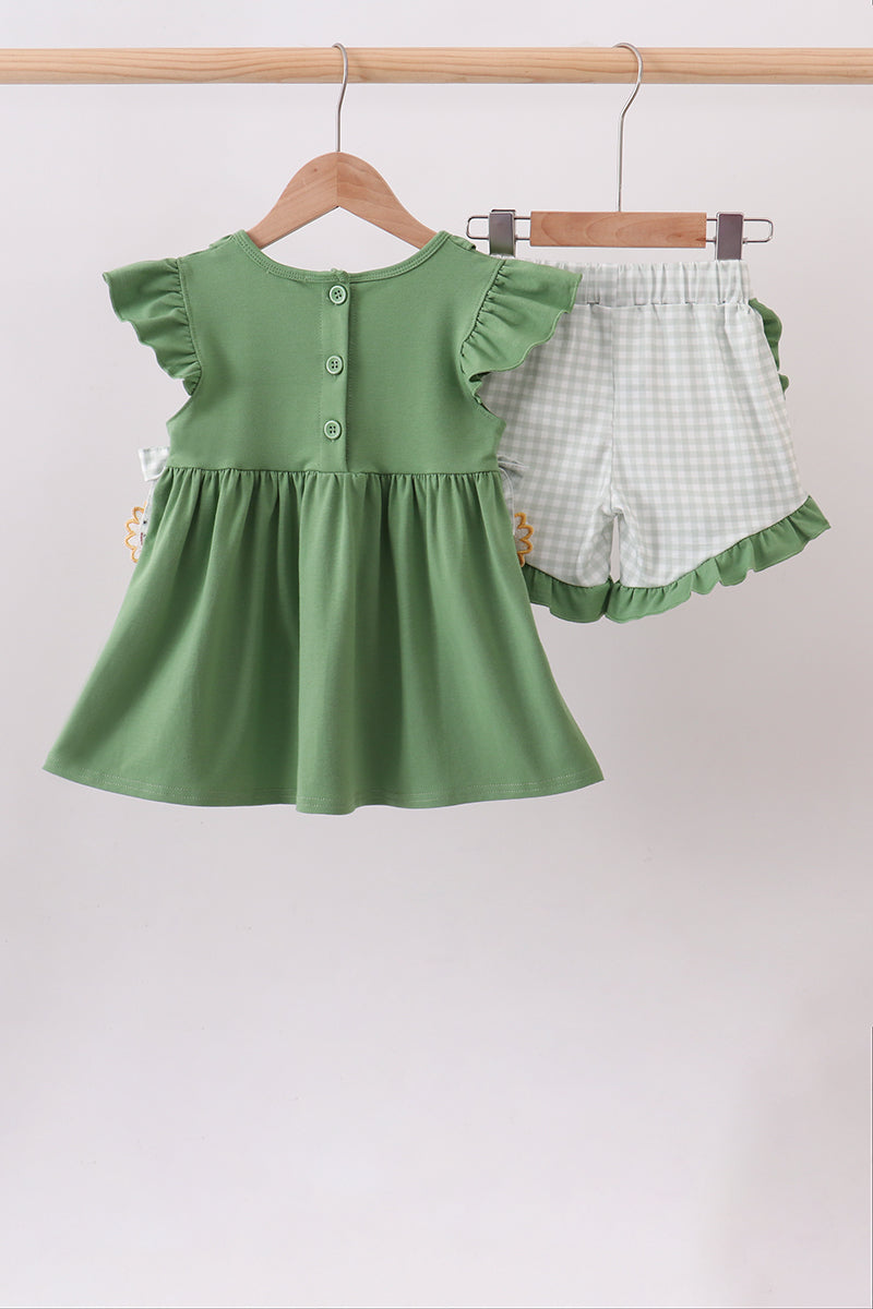 Green Sunflower Applique Ruffle Shorts Set - Fierce and Chic