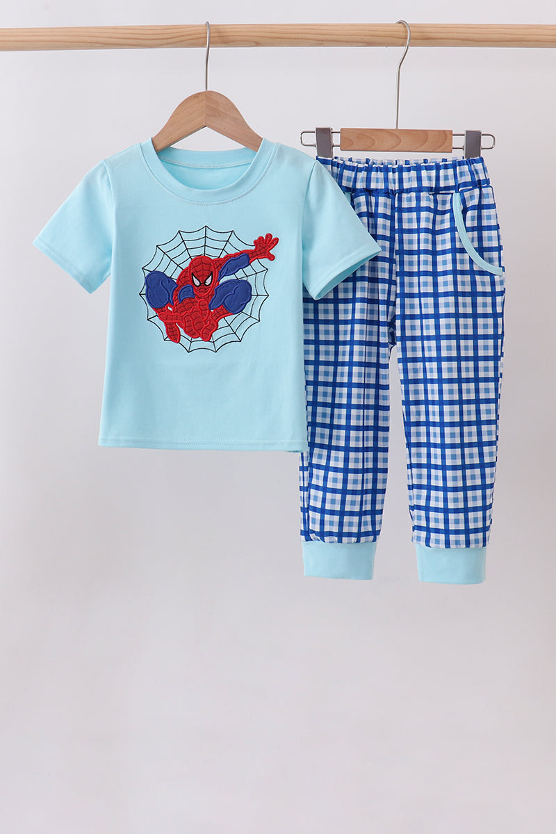 Blue character embroidery pants set - Fierce and Chic