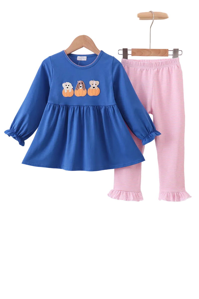 Royal blue puppy pumpkin embroidery pants set - Fierce and Chic