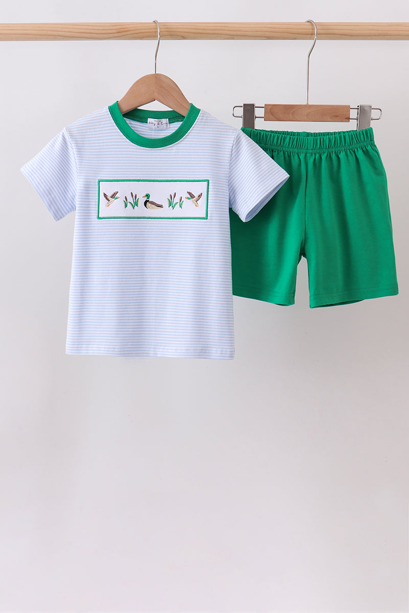 Blue Stripe Duck Embroidery Shorts Set for Girls featuring a striped shirt and green shorts with duck embroidery.