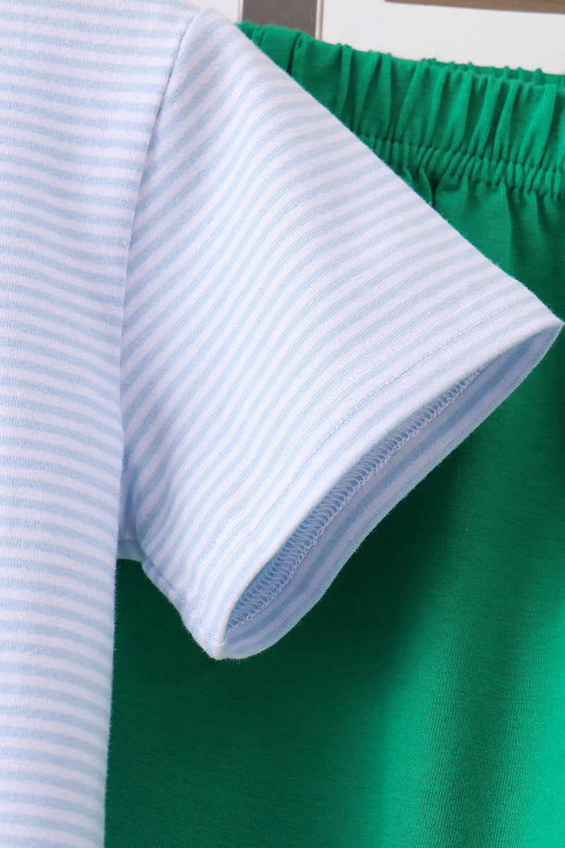 Blue Stripe Duck Embroidery Shorts Set for Girls featuring a striped top and green shorts.
