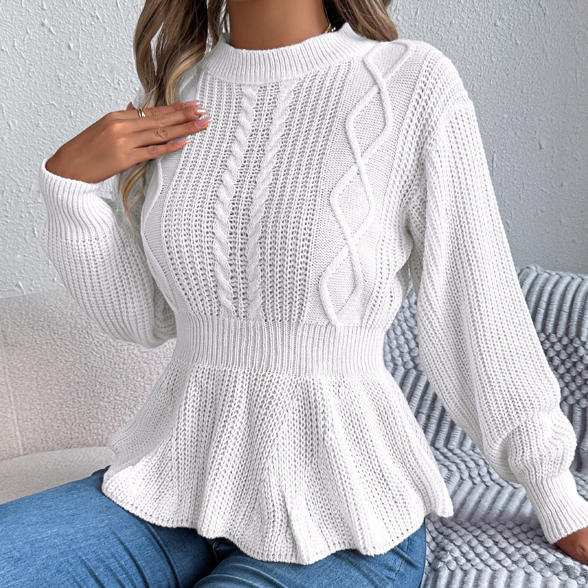 Autumn Winter Solid Color Twist Waist Trimming Ruffles Long Sleeve Pullover Sweater Women Clothing