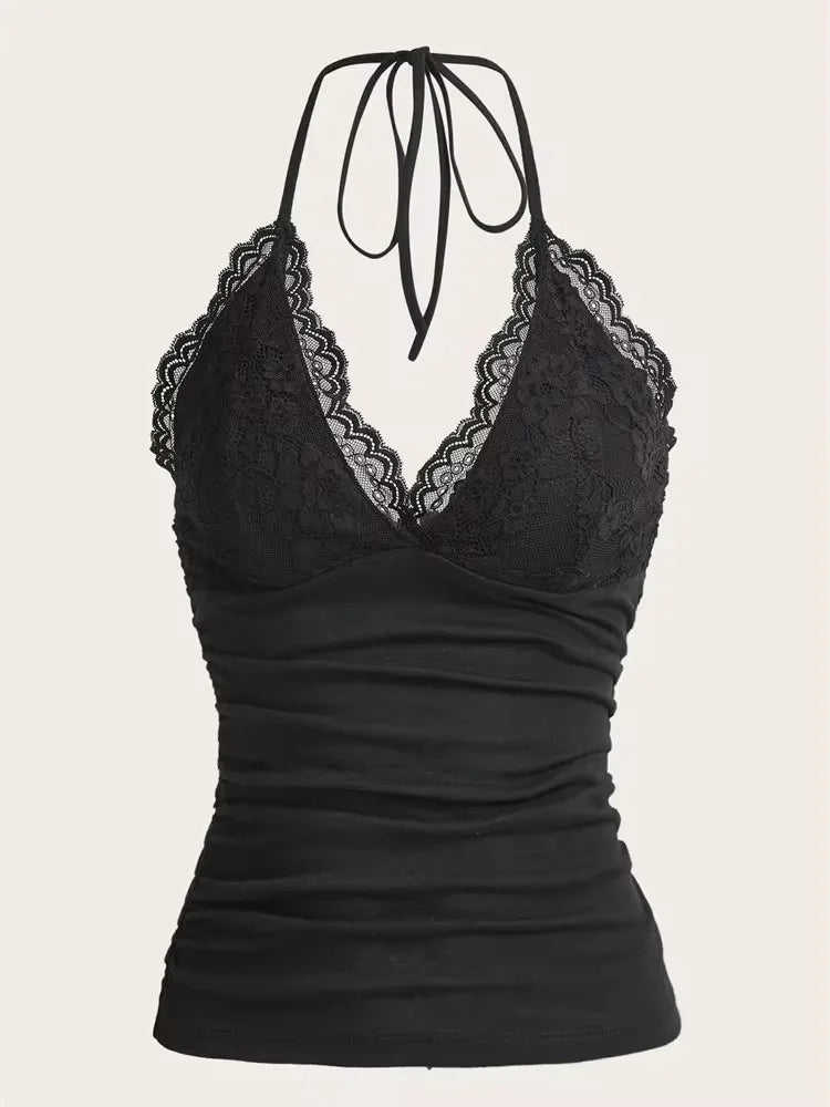 Goth Grunge Punk Black Lace Patchwork Halter Top Women Summer Solid Ruched Backless Sleeveless Tank Top Streetwear Y2K Clothes - Fierce and Chic