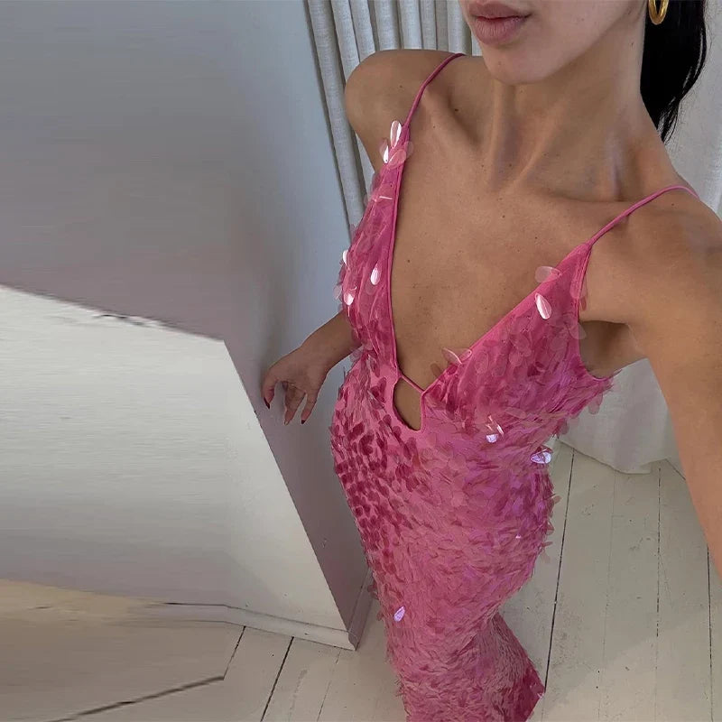 Fashion Sequined V Neck Sling Dress Women Evening Party Sleeveless Backless High Waist Maxi Dresses 2024 New Christmas Gown Robe - Fierce and Chic