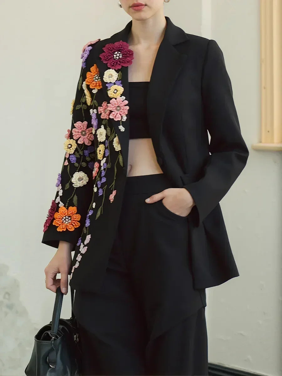 TWOTWINSTYLE Hit Color Spliced Appliques Fashion Blazers for Women Lapel Long Sleeves Patchwork Bead Temperament Blazer Female - Fierce and Chic