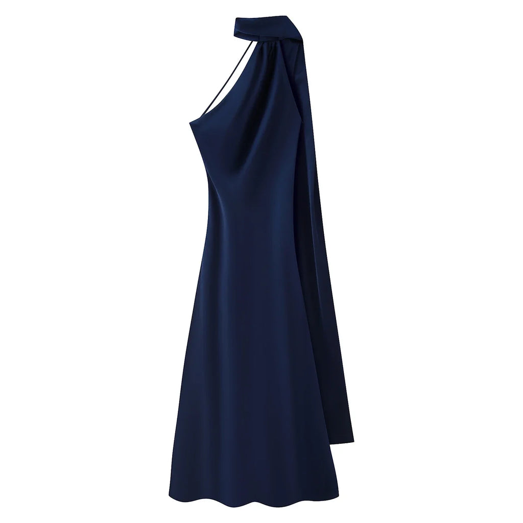 Elegant Women's Ribbon Long Satin Party Dress Halter Backless Sleeveless Female Dresses 2026 Summer Lady Solid Evening Gowns - Fierce and Chic