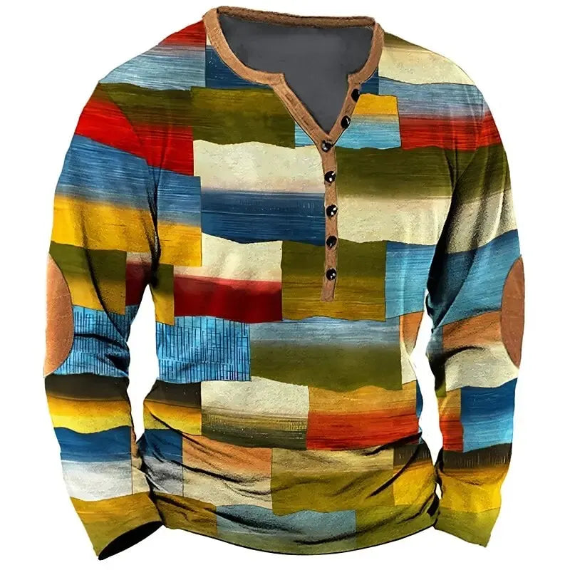 Patchwork Denim Vintage Men’s T-Shirt, Patchwork Grid Pattern Long Sleeve, 3D Print Long Sleeve T-Shirt, Oversized Men’s Button Top - Fierce and Chic