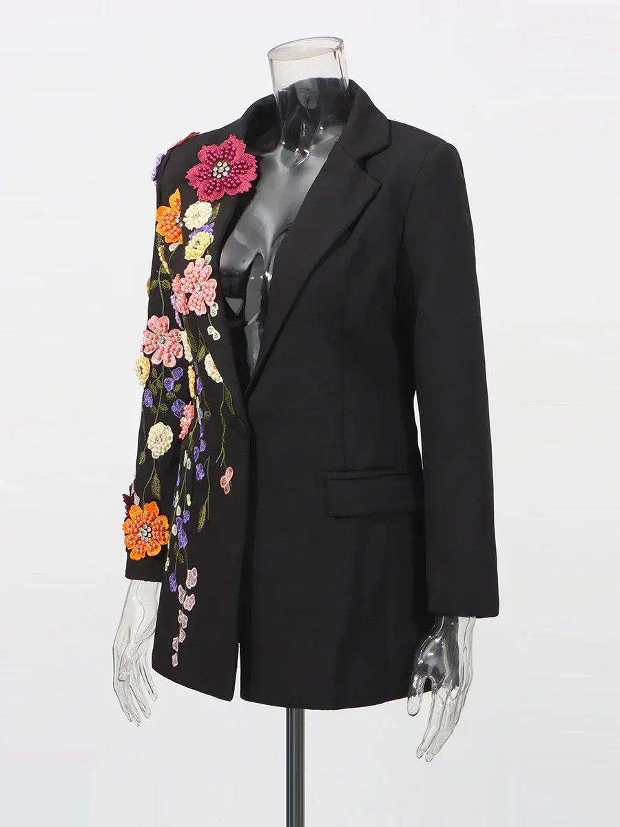 TWOTWINSTYLE Hit Color Spliced Appliques Fashion Blazers for Women Lapel Long Sleeves Patchwork Bead Temperament Blazer Female - Fierce and Chic