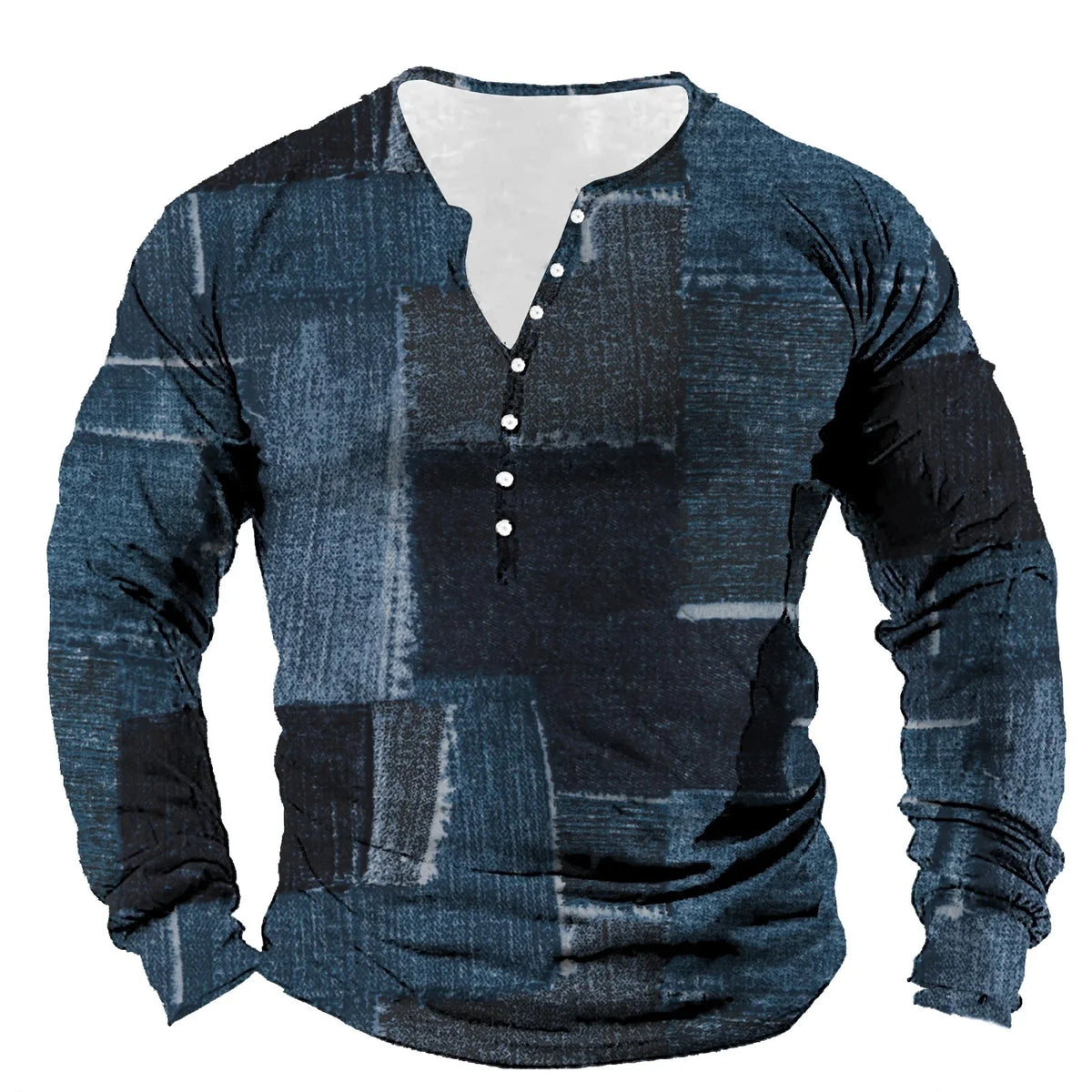 Patchwork Denim Vintage Men’s T-Shirt, Patchwork Grid Pattern Long Sleeve, 3D Print Long Sleeve T-Shirt, Oversized Men’s Button Top - Fierce and Chic