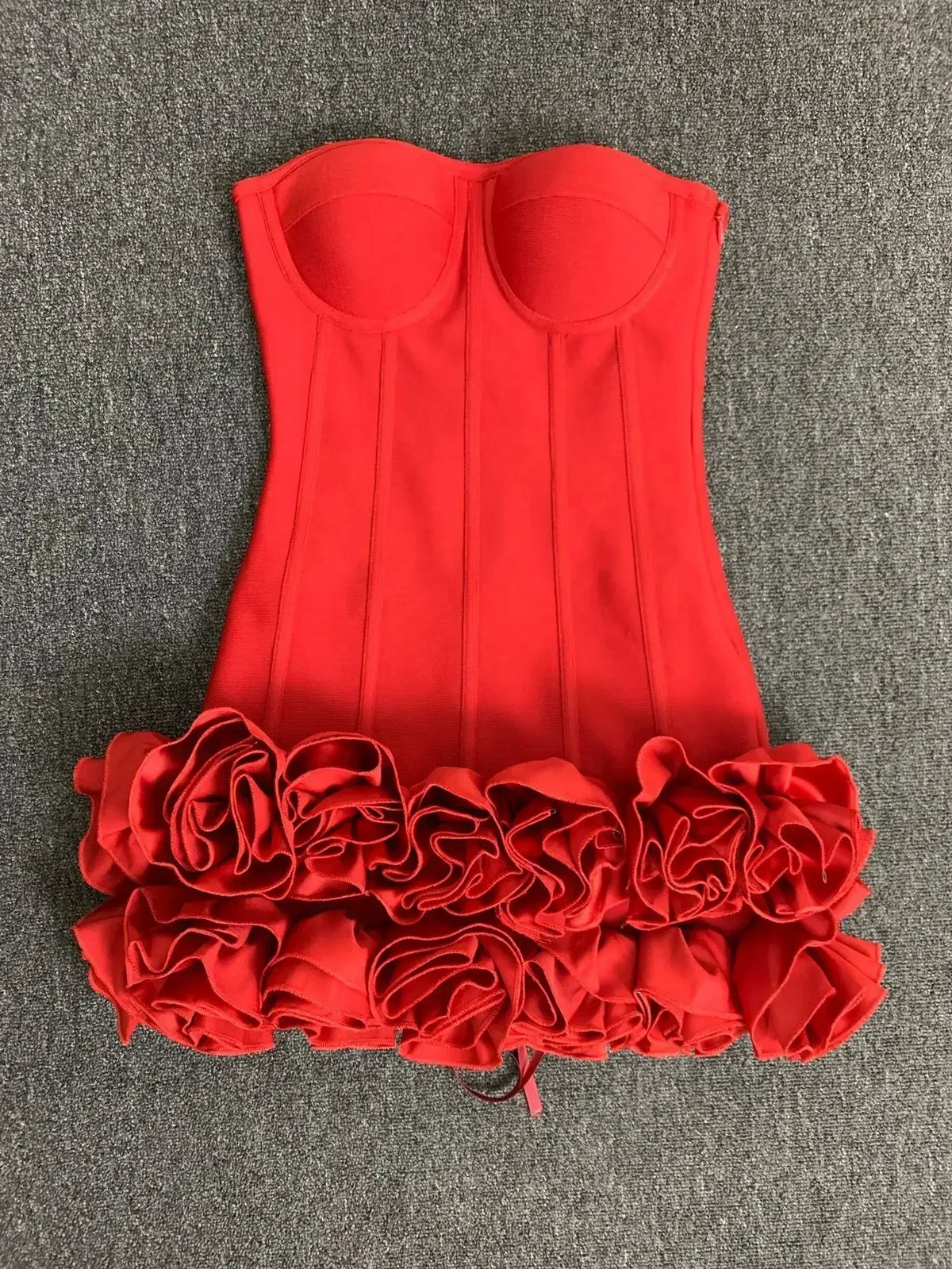 Women Red Evening Bandage Dress Hot Strapless Bodycon Flowers Hem Laced Up Mini Celebrity Birthday Party Dresses One Piece Gala - Fierce and Chic