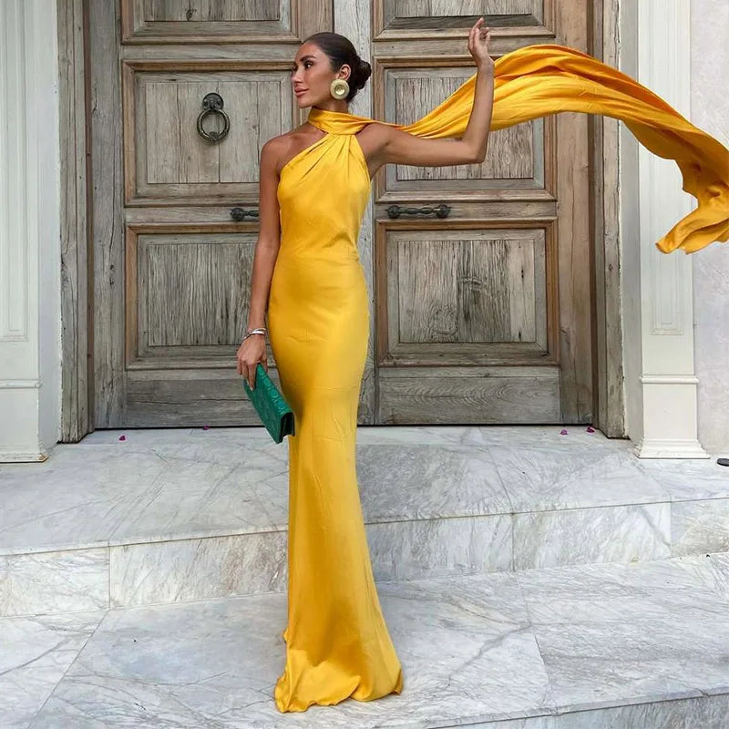 Elegant Women's Ribbon Long Satin Party Dress Halter Backless Sleeveless Female Dresses 2026 Summer Lady Solid Evening Gowns - Fierce and Chic