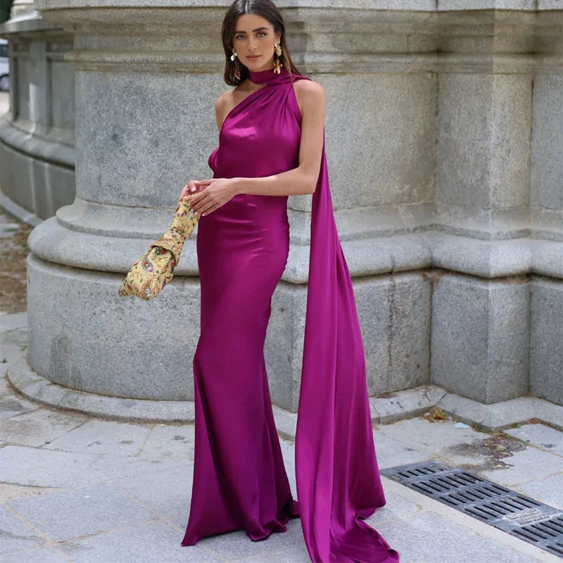 Elegant Women's Ribbon Long Satin Party Dress Halter Backless Sleeveless Female Dresses 2026 Summer Lady Solid Evening Gowns - Fierce and Chic