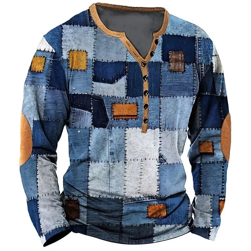 Patchwork Denim Vintage Men’s T-Shirt, Patchwork Grid Pattern Long Sleeve, 3D Print Long Sleeve T-Shirt, Oversized Men’s Button Top - Fierce and Chic