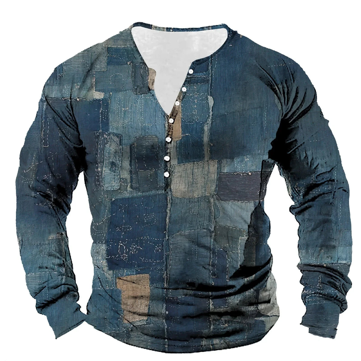 Patchwork Denim Vintage Men’s T-Shirt, Patchwork Grid Pattern Long Sleeve, 3D Print Long Sleeve T-Shirt, Oversized Men’s Button Top - Fierce and Chic