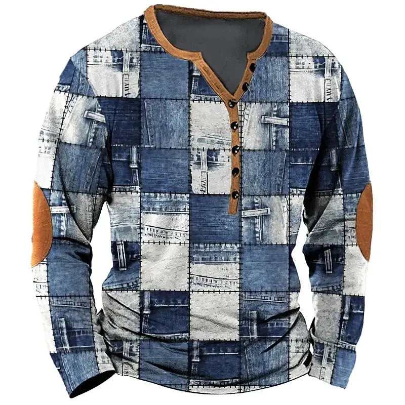 Patchwork Denim Vintage Men’s T-Shirt, Patchwork Grid Pattern Long Sleeve, 3D Print Long Sleeve T-Shirt, Oversized Men’s Button Top - Fierce and Chic