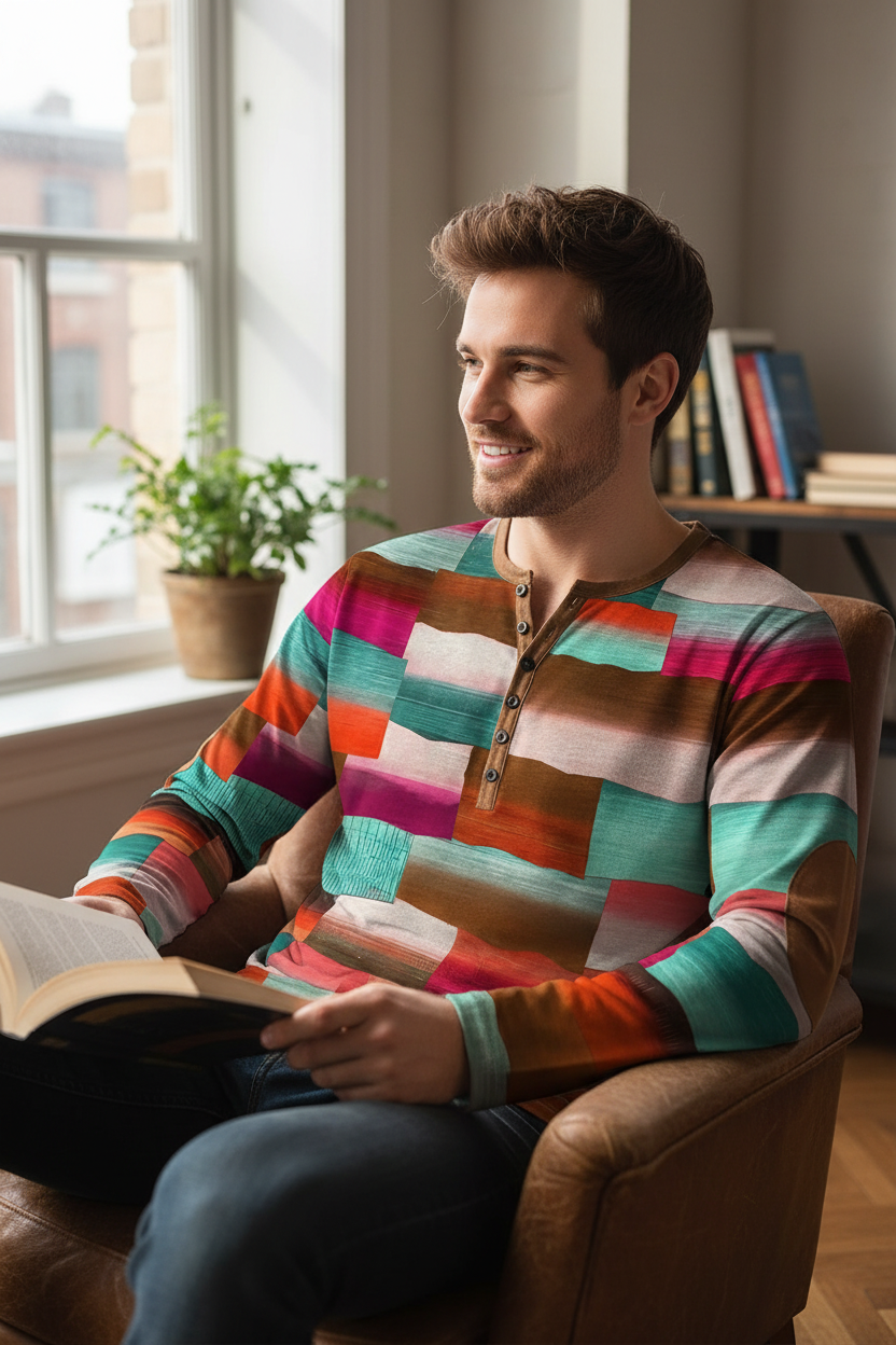 Patchwork Denim Vintage Men’s T-Shirt, Patchwork Grid Pattern Long Sleeve, 3D Print Long Sleeve T-Shirt, Oversized Men’s Button Top - Fierce and Chic