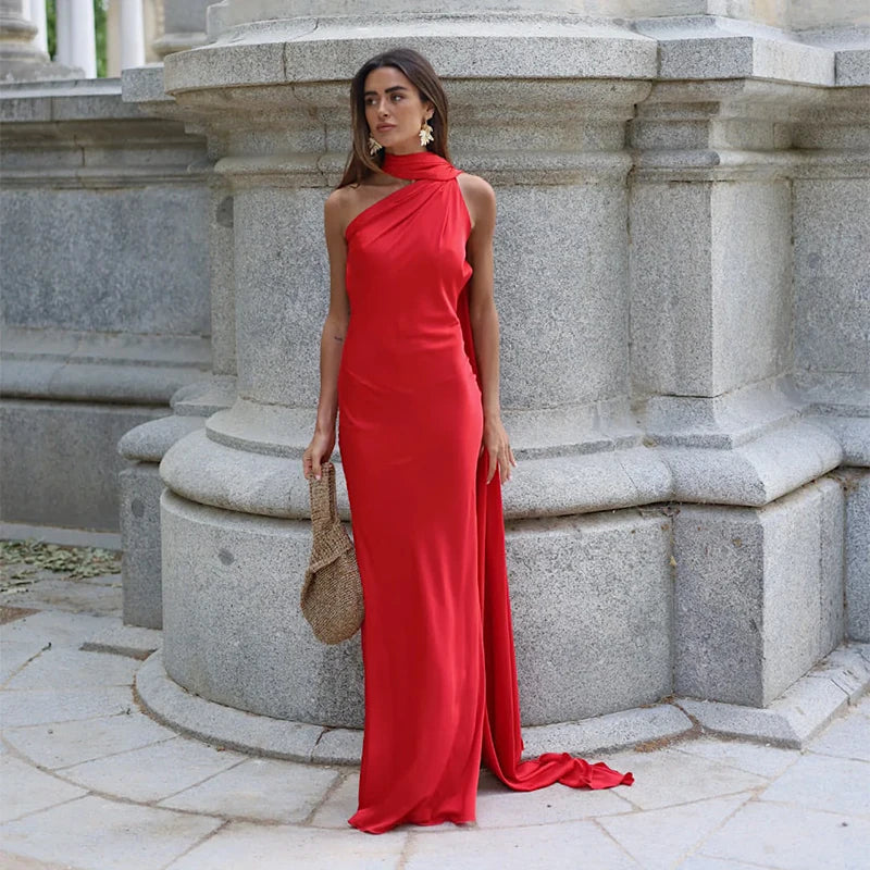 Elegant Women's Ribbon Long Satin Party Dress Halter Backless Sleeveless Female Dresses 2026 Summer Lady Solid Evening Gowns - Fierce and Chic