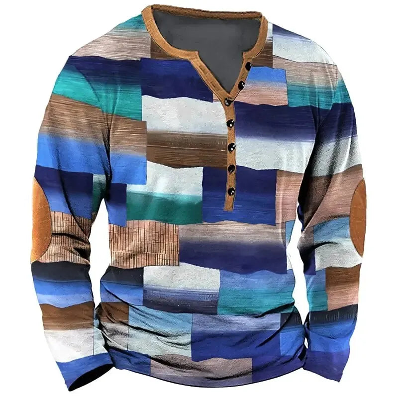 Patchwork Denim Vintage Men’s T-Shirt, Patchwork Grid Pattern Long Sleeve, 3D Print Long Sleeve T-Shirt, Oversized Men’s Button Top - Fierce and Chic