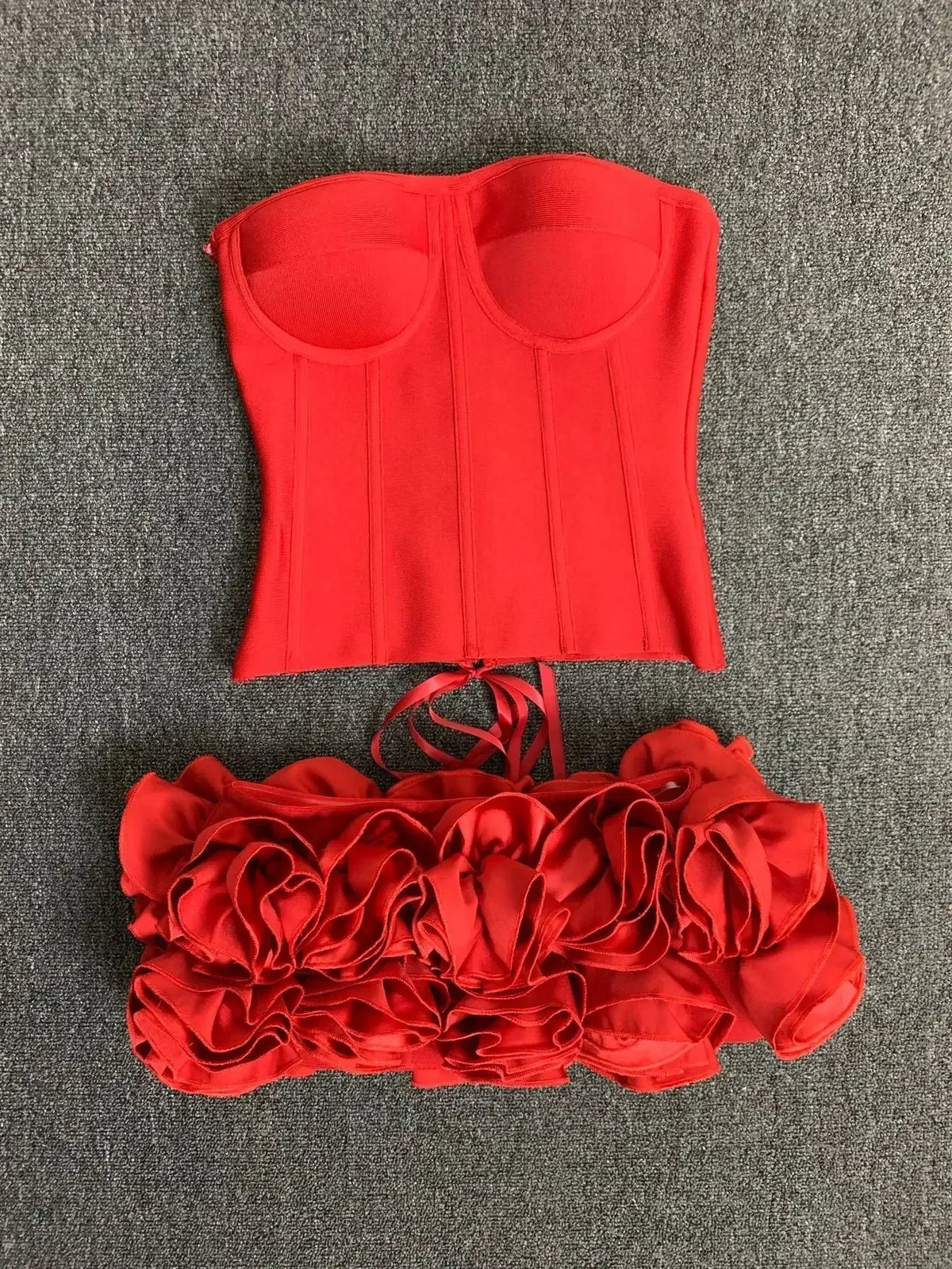 Women Red Evening Bandage Dress Hot Strapless Bodycon Flowers Hem Laced Up Mini Celebrity Birthday Party Dresses One Piece Gala - Fierce and Chic