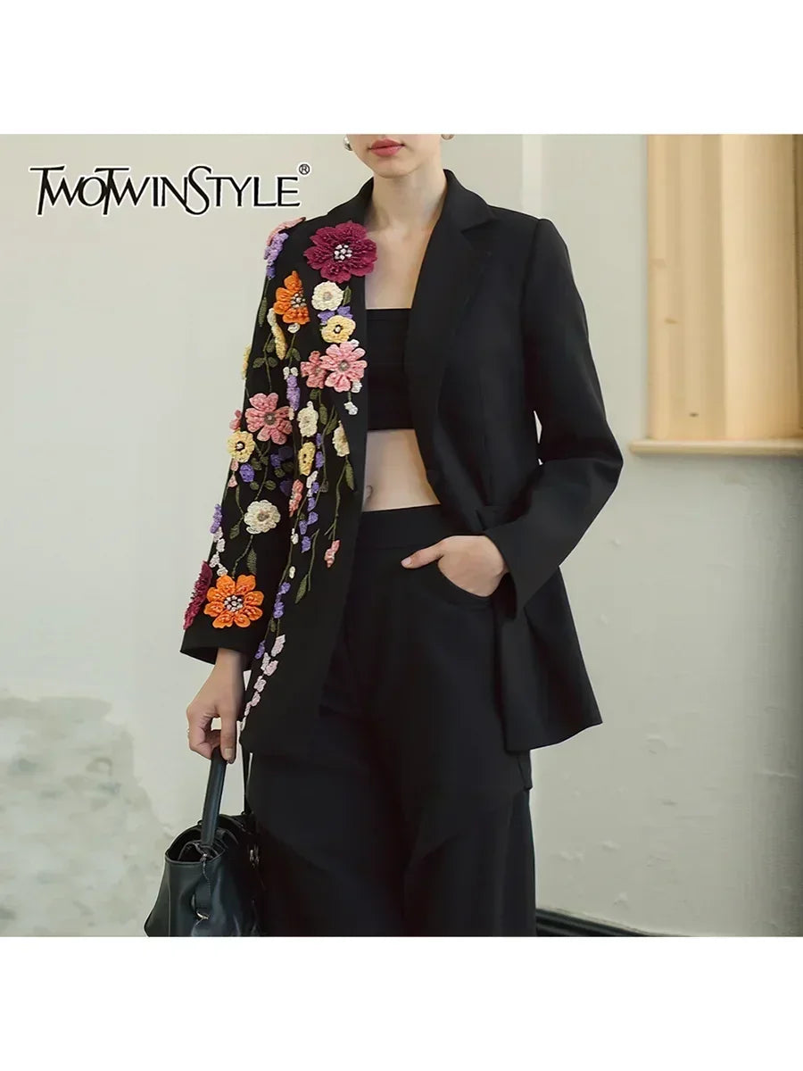 TWOTWINSTYLE Hit Color Spliced Appliques Fashion Blazers for Women Lapel Long Sleeves Patchwork Bead Temperament Blazer Female - Fierce and Chic