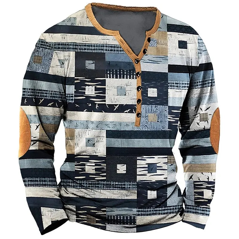 Patchwork Denim Vintage Men’s T-Shirt, Patchwork Grid Pattern Long Sleeve, 3D Print Long Sleeve T-Shirt, Oversized Men’s Button Top - Fierce and Chic