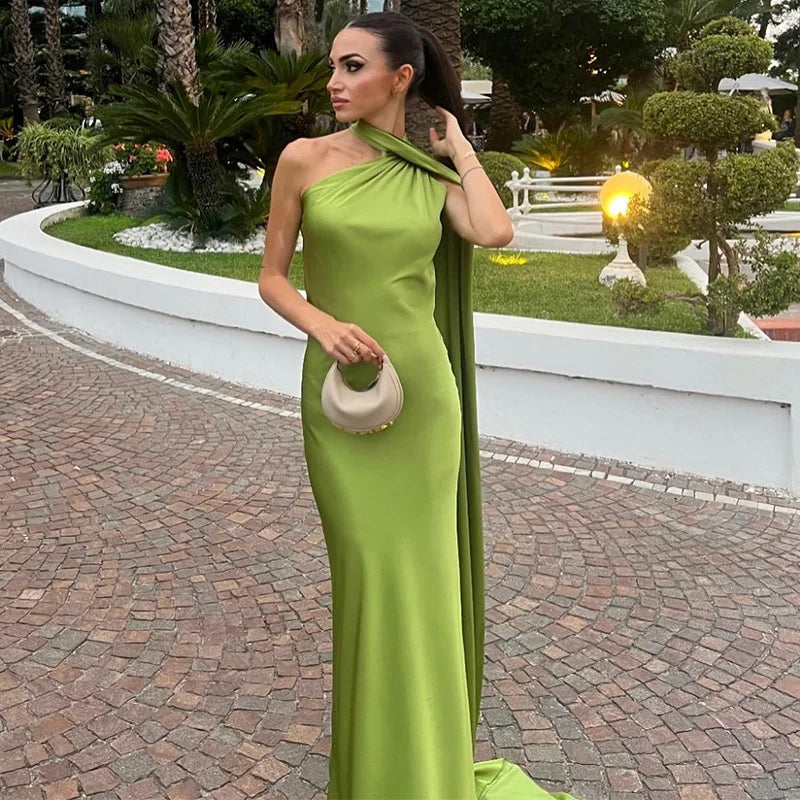 Elegant Women's Ribbon Long Satin Party Dress Halter Backless Sleeveless Female Dresses 2026 Summer Lady Solid Evening Gowns - Fierce and Chic