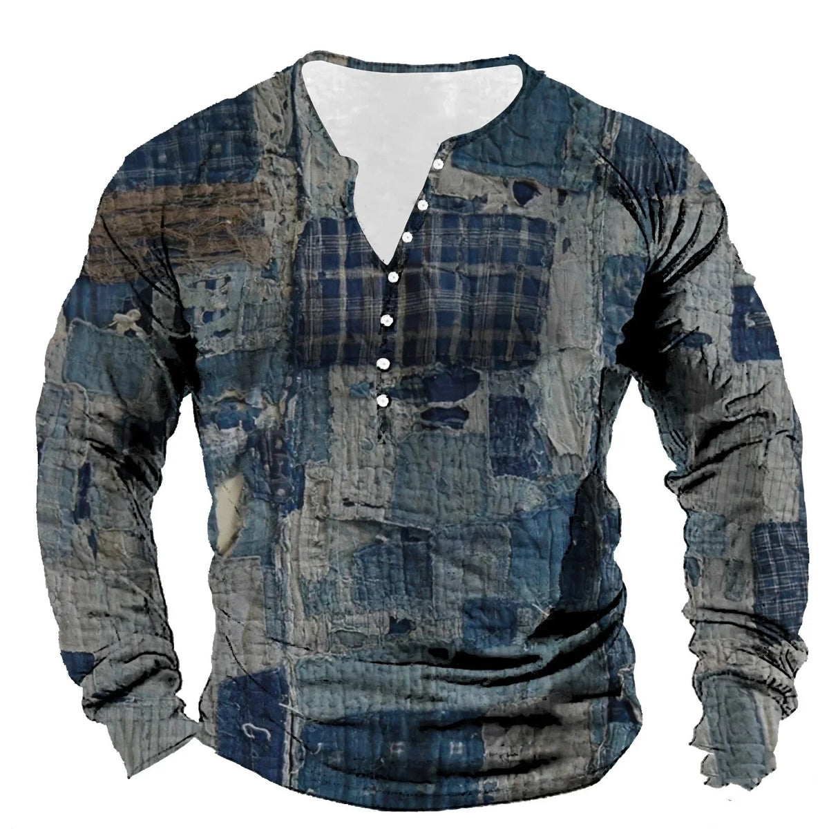 Patchwork Denim Vintage Men’s T-Shirt, Patchwork Grid Pattern Long Sleeve, 3D Print Long Sleeve T-Shirt, Oversized Men’s Button Top - Fierce and Chic