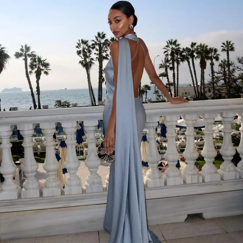 Elegant Women's Ribbon Long Satin Party Dress Halter Backless Sleeveless Female Dresses 2026 Summer Lady Solid Evening Gowns - Fierce and Chic