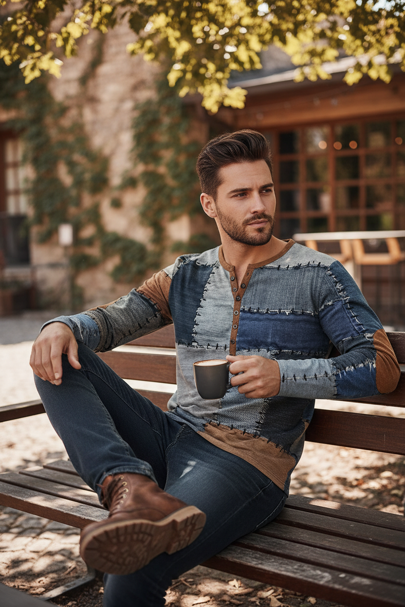 Patchwork Denim Vintage Men’s T-Shirt, Patchwork Grid Pattern Long Sleeve, 3D Print Long Sleeve T-Shirt, Oversized Men’s Button Top - Fierce and Chic