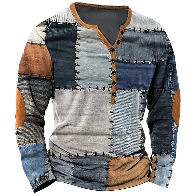 Patchwork Denim Vintage Men’s T-Shirt, Patchwork Grid Pattern Long Sleeve, 3D Print Long Sleeve T-Shirt, Oversized Men’s Button Top - Fierce and Chic