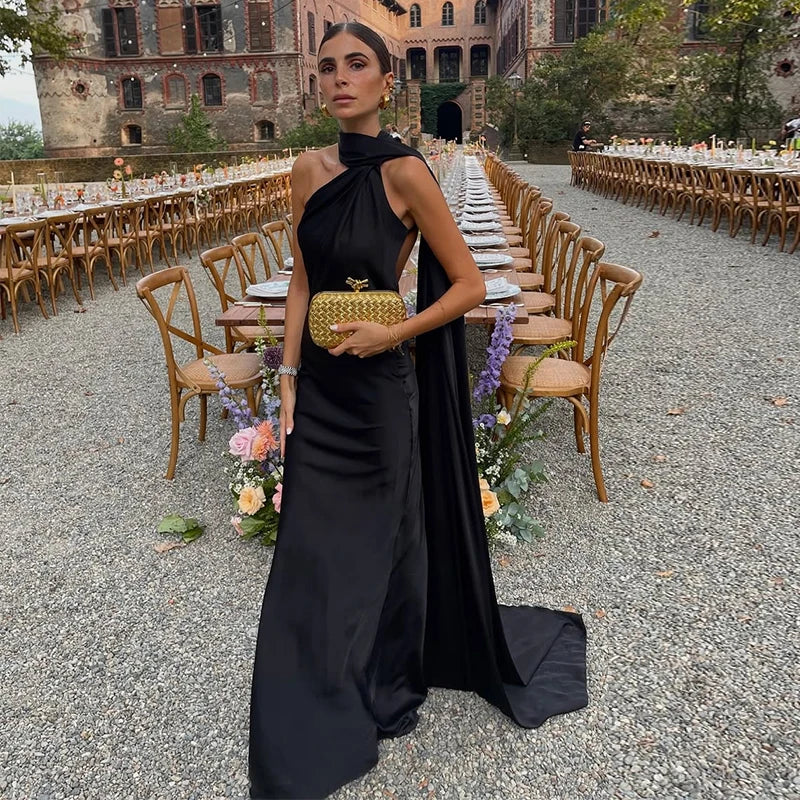 Elegant Women's Ribbon Long Satin Party Dress Halter Backless Sleeveless Female Dresses 2026 Summer Lady Solid Evening Gowns - Fierce and Chic
