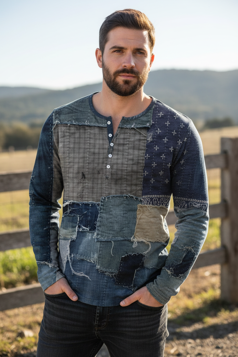 Patchwork Denim Vintage Men’s T-Shirt, Patchwork Grid Pattern Long Sleeve, 3D Print Long Sleeve T-Shirt, Oversized Men’s Button Top - Fierce and Chic