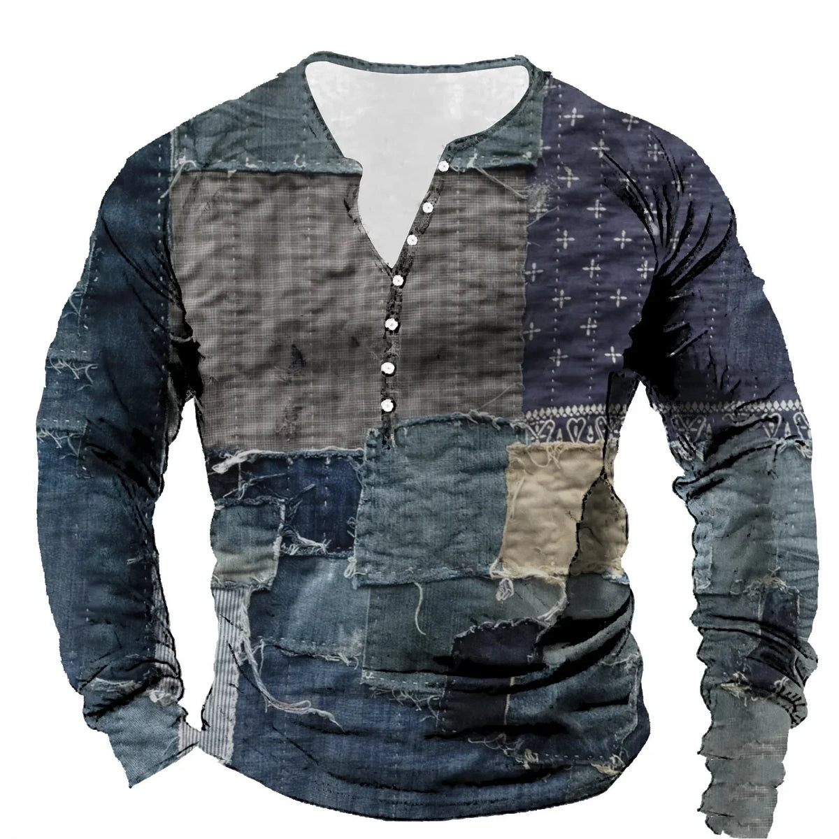 Patchwork Denim Vintage Men’s T-Shirt, Patchwork Grid Pattern Long Sleeve, 3D Print Long Sleeve T-Shirt, Oversized Men’s Button Top - Fierce and Chic