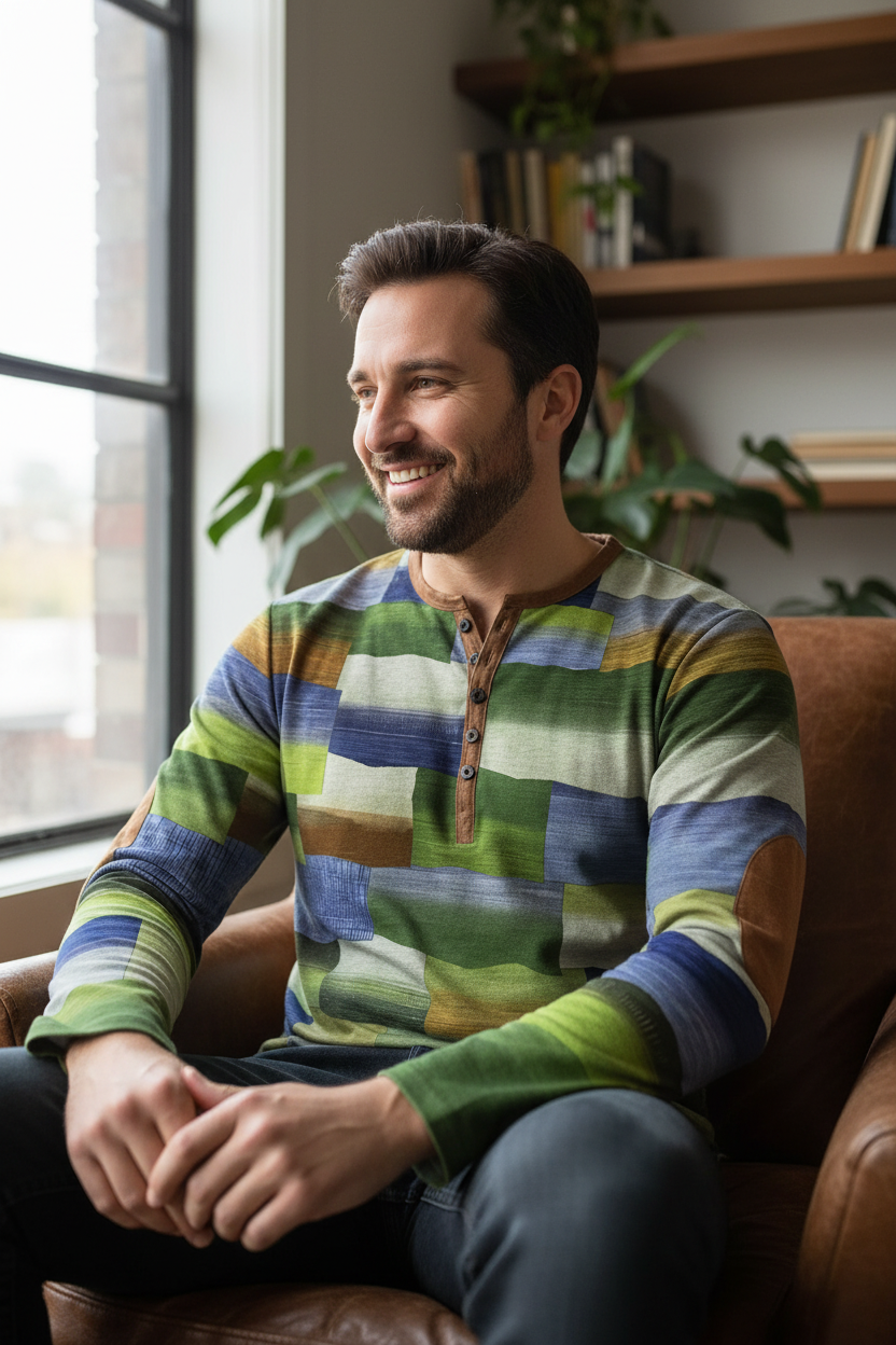 Patchwork Denim Vintage Men’s T-Shirt, Patchwork Grid Pattern Long Sleeve, 3D Print Long Sleeve T-Shirt, Oversized Men’s Button Top - Fierce and Chic
