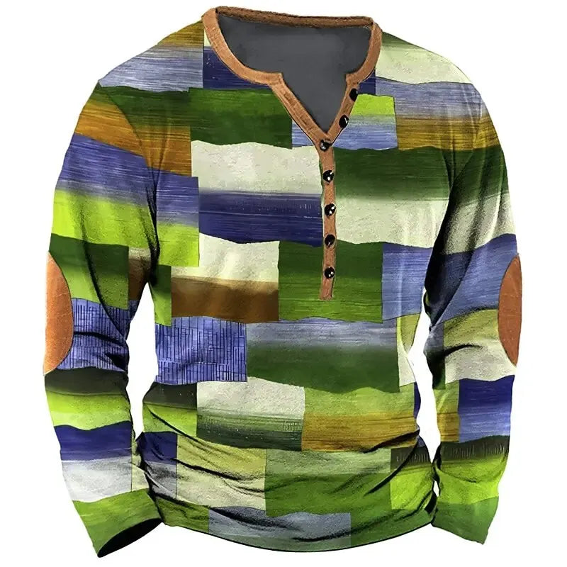 Patchwork Denim Vintage Men’s T-Shirt, Patchwork Grid Pattern Long Sleeve, 3D Print Long Sleeve T-Shirt, Oversized Men’s Button Top - Fierce and Chic