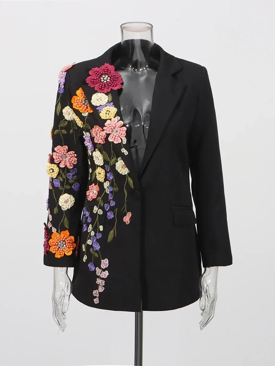 TWOTWINSTYLE Hit Color Spliced Appliques Fashion Blazers for Women Lapel Long Sleeves Patchwork Bead Temperament Blazer Female - Fierce and Chic