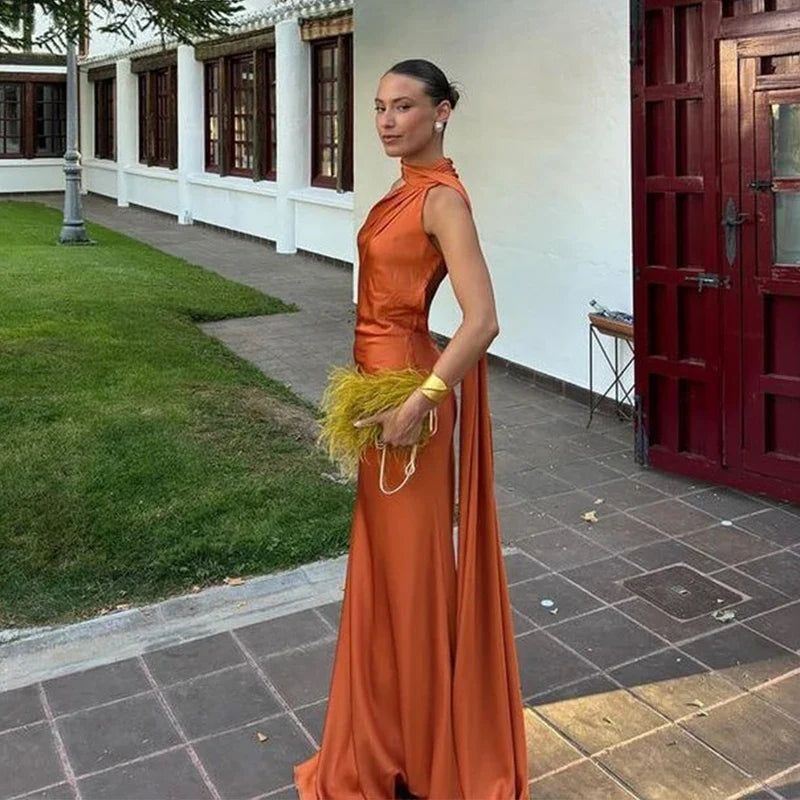 Elegant Women's Ribbon Long Satin Party Dress Halter Backless Sleeveless Female Dresses 2026 Summer Lady Solid Evening Gowns - Fierce and Chic
