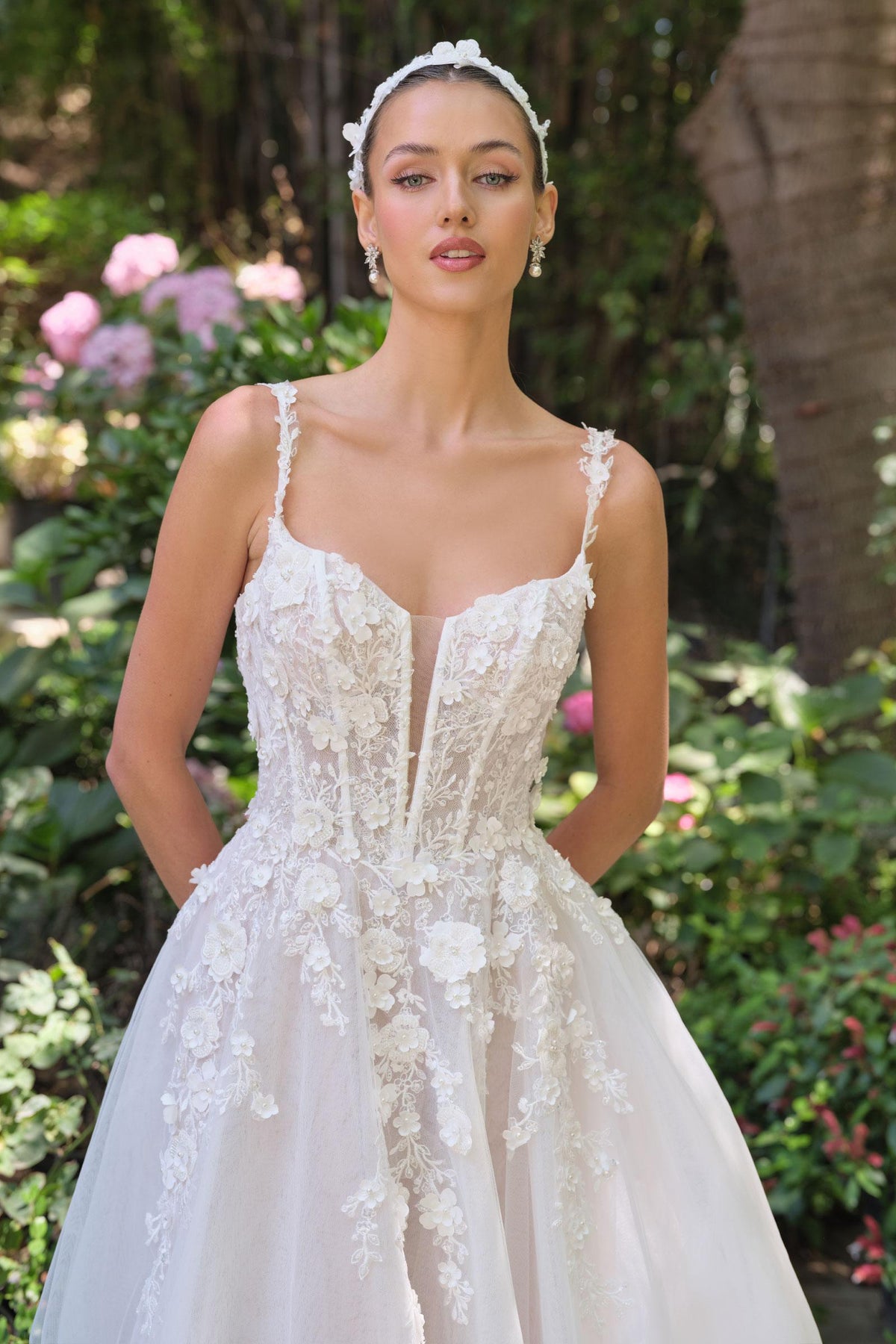Andrea & Leo WL063 A-Line Wedding Gown Plunging Neckline Floral Straps - Fierce and Chic