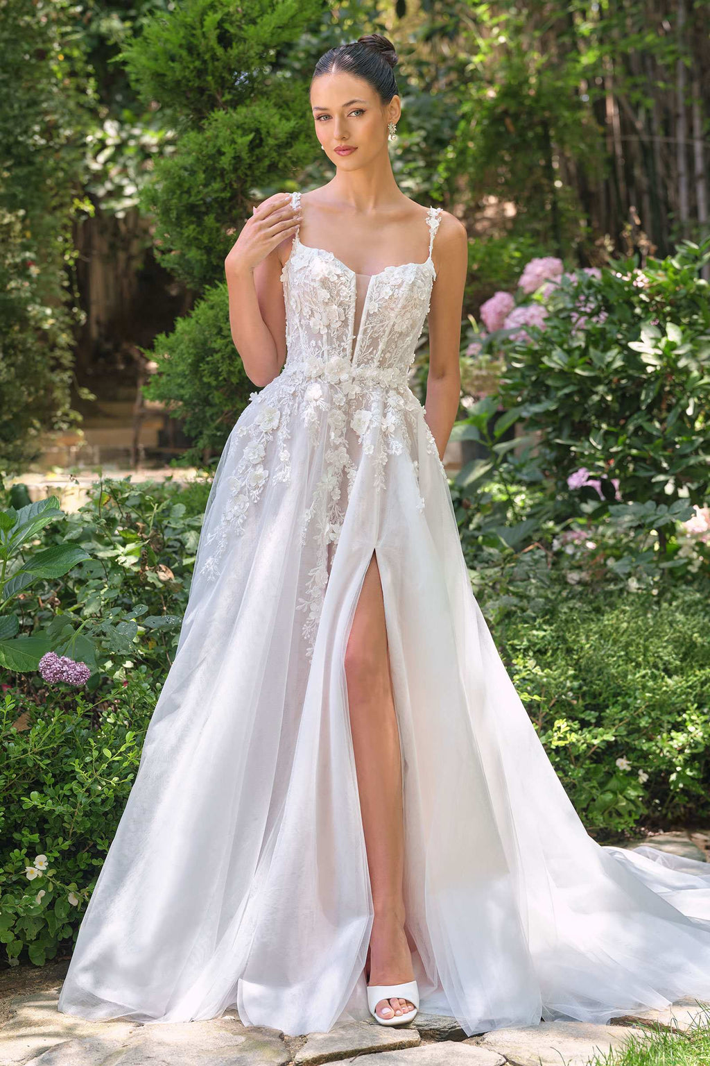 Andrea & Leo WL063 A-Line Wedding Gown Plunging Neckline Floral Straps - Fierce and Chic